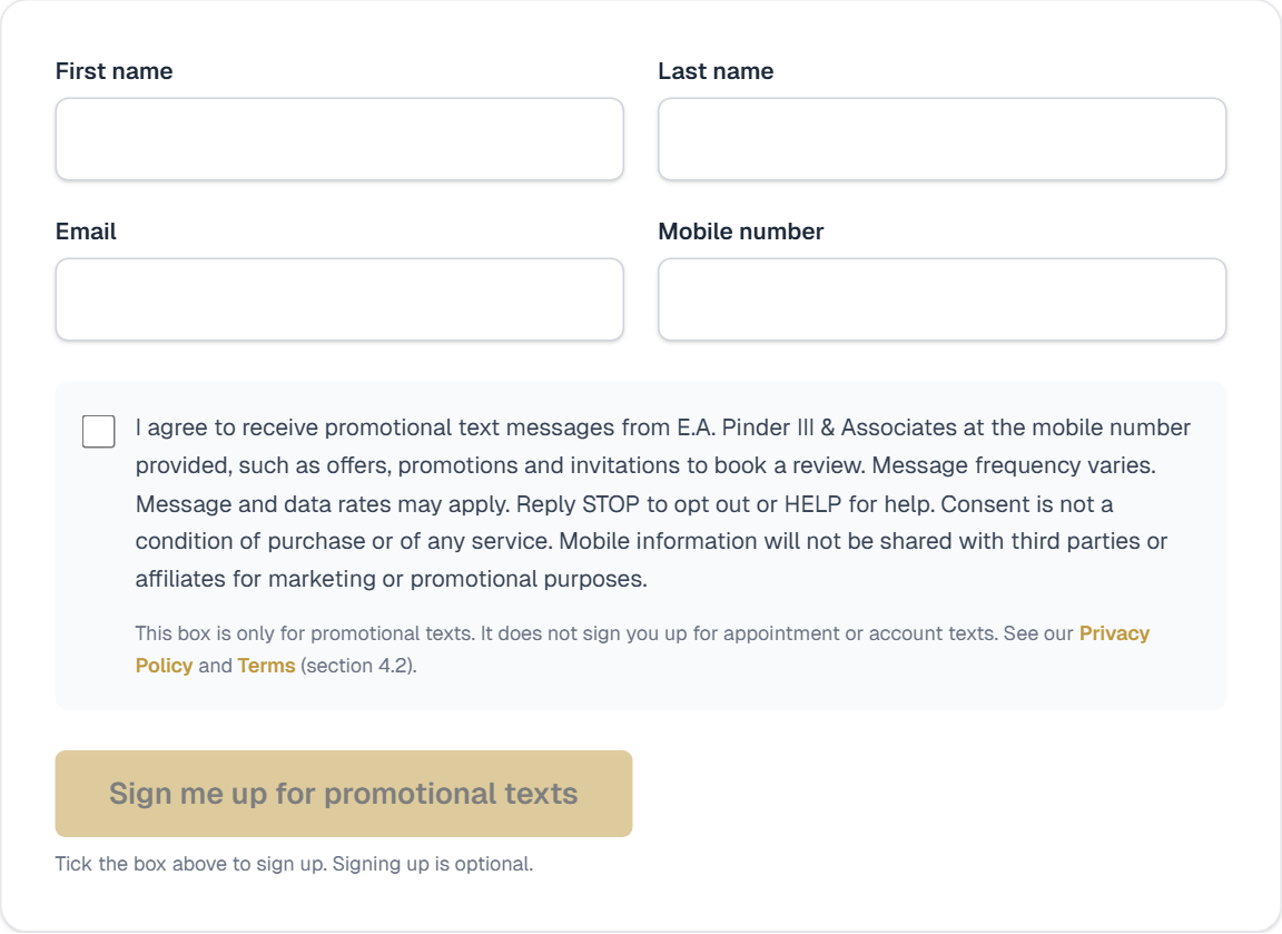 The promotional texts sign-up form on eapinder.com