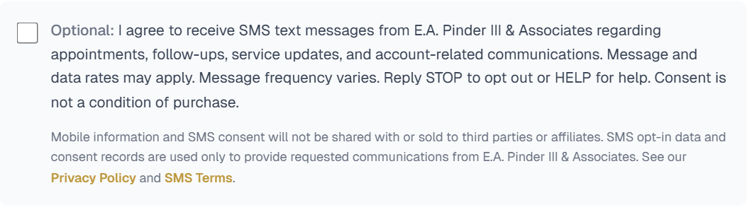 The optional text-message box on the E.A. Pinder contact form